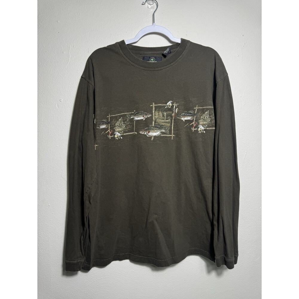 Red Head Long Sleeve Wrap-around Print Long Sleeve T-Shirt Fishing Brown Large